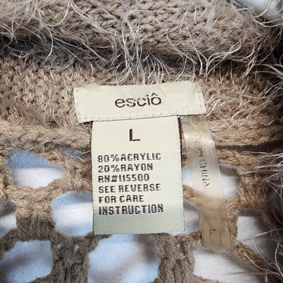 Escio Crochet Back Cardigan Size L Tan Sleeveless Draped Open Fuzzy Eyelash Chic - Picture 8 of 9